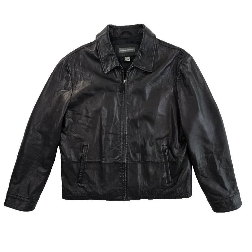 Banana Republic Full Zip Leather Jacket Men's XL‎ Jet Black Long Sleeves EUC LN